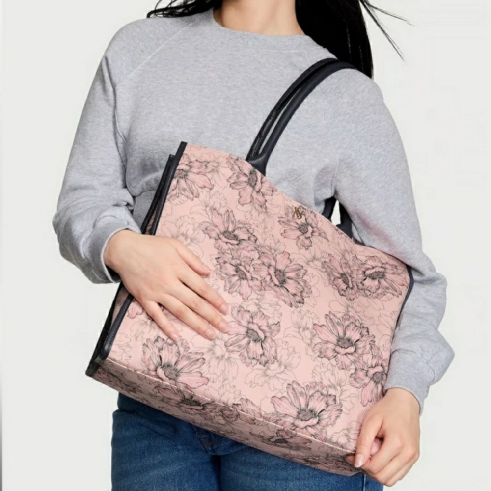 Victorias Secret Large Floral Faux Leather trim Shopper Shoulder Bag